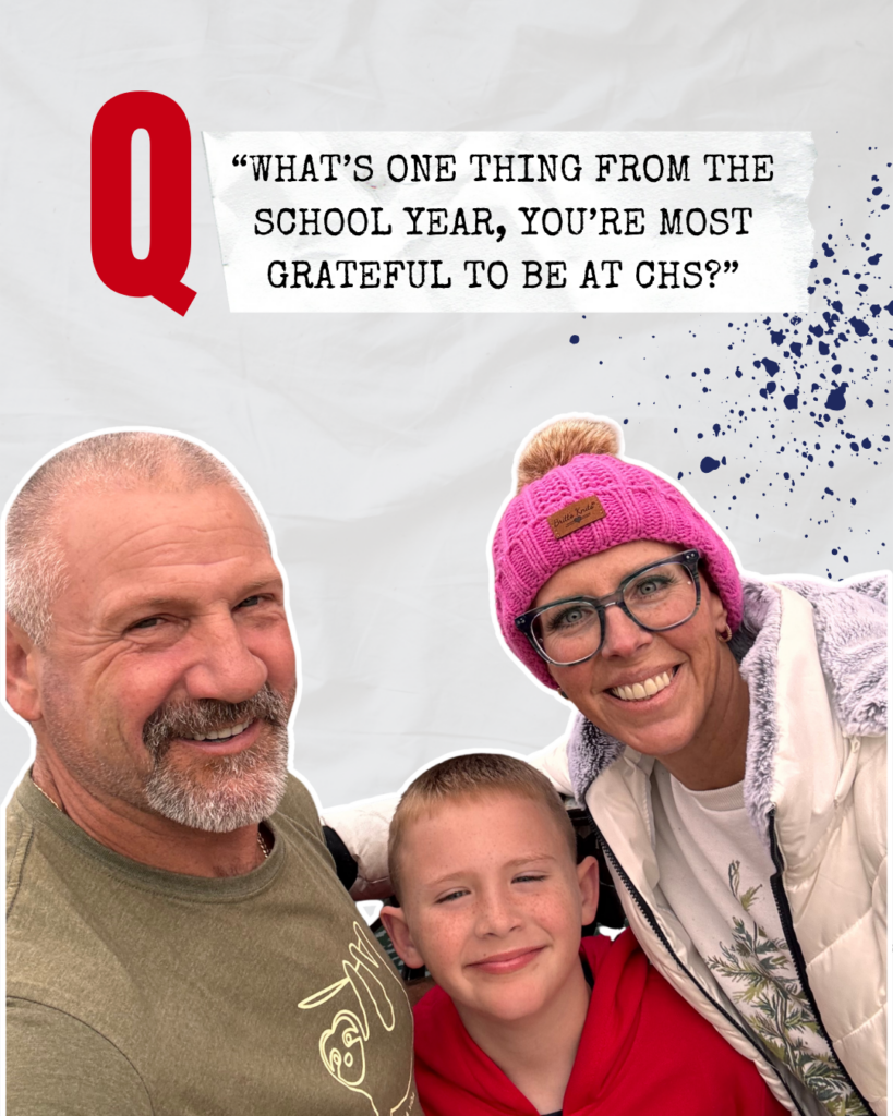 CHS family of three smiling at camera